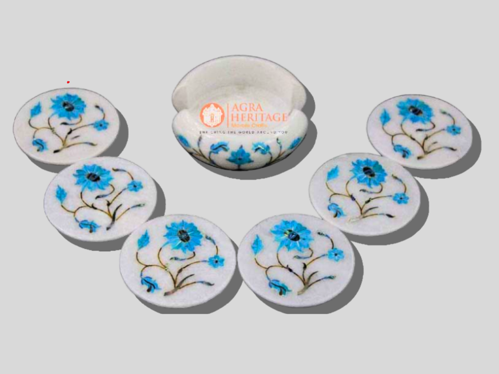 Marble White Turquoise Stone Floral Coaster Set